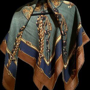 ANNE KLEIN wonderful 100% square scarf.Nautical print, brown, navy blue, green